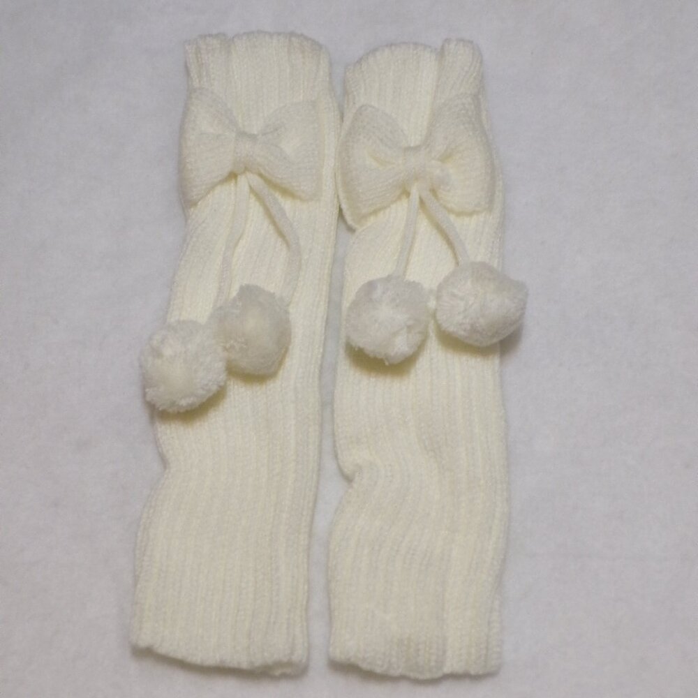 Girls White Ribbed Knit Leg Warmers Pompom Bow 10" NEW